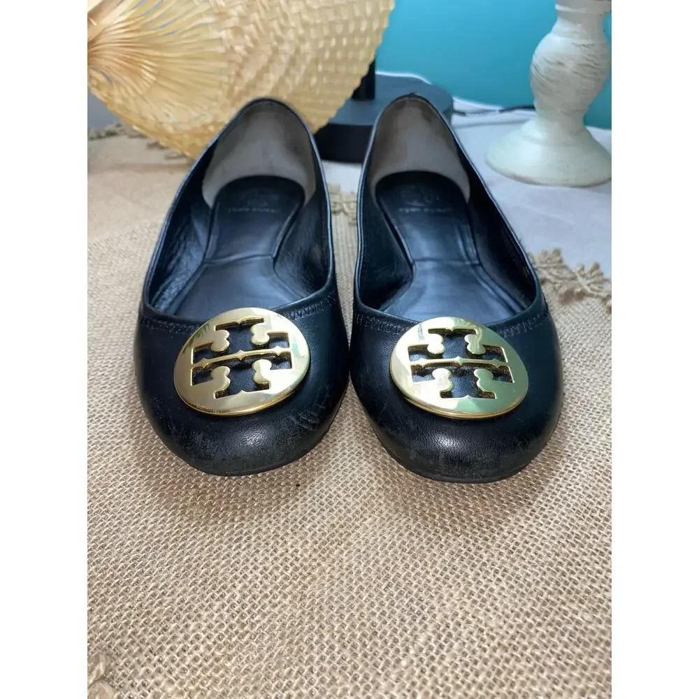 Tory Burch Ballet Flat Leather Upper size 7.5M Gold T Logo Shoes - Picture 8 of 11